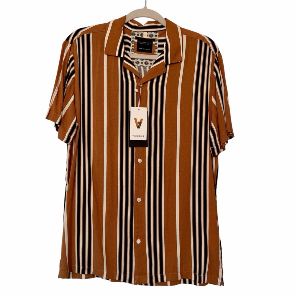 Cactus Man Ricky Singh Short Sleeve Mens Striped Brown Dress Shirt Size Medium